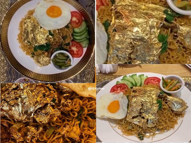 Dekorasi Makanan , Edible Gold , masakan mewah , meracik mi instan goreng , mi instan sultan , Mi Instan Topping Emas 24 Karat